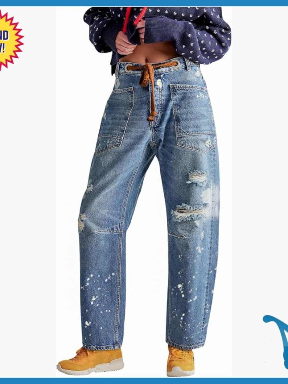 Mid Rise Barrel Jeans Wide Leg Boyfriend Fit Distressed Denim Pants